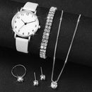 Conjunto De Relógio De Quartzo Casual Feminino , 6 Peças , Com Joias De Diamante , Pulseira , Colar , Brincos , Presente